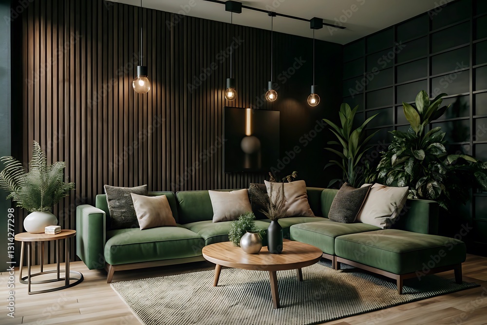 Fototapeta premium Modern Living Room with Green Sofas and Pendant Lights