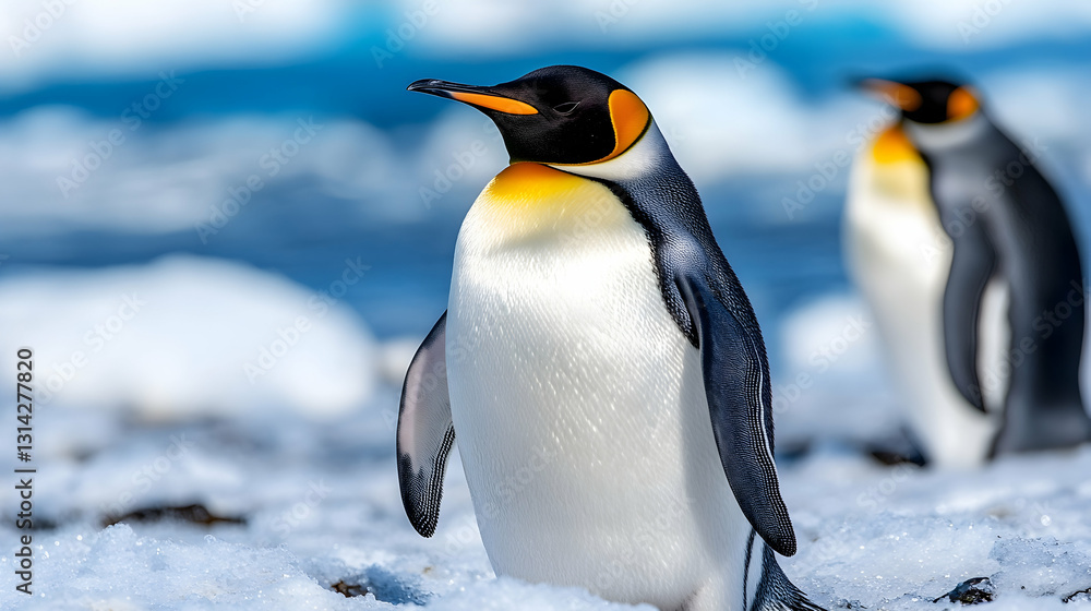 Fototapeta premium Majestic penguins stand proudly on icy terrain, showcasing vibrant plumage