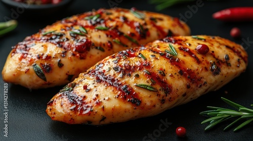 Delicious grilled chicken breasts with rosemary and chili pepper flakes