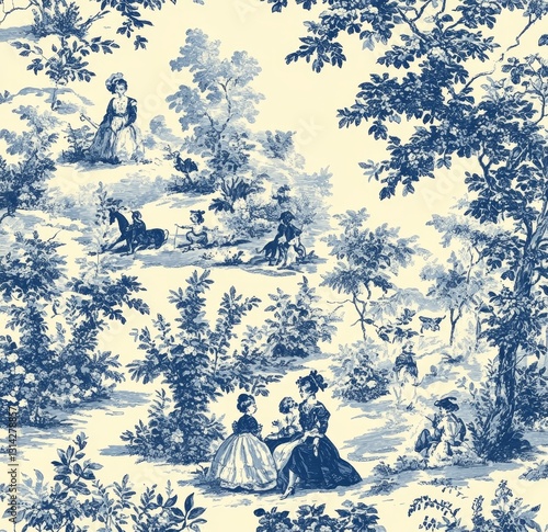 Vintage blue and white toile fabric design featuring pastoral scenes with people, trees, and animals, ideal for home decor and textile projects, classic design concept