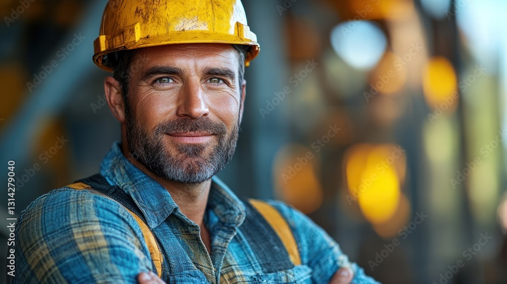 A smiling worker wearing protective equipment looks optimistically at the camera A smiling worker wearing protective equipment looks optimistically at the camera