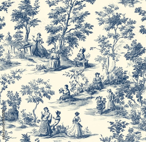 Vintage blue and white toile fabric pattern featuring pastoral scenes with women, trees, and nature, ideal for home decor and textile design, vintage style concept