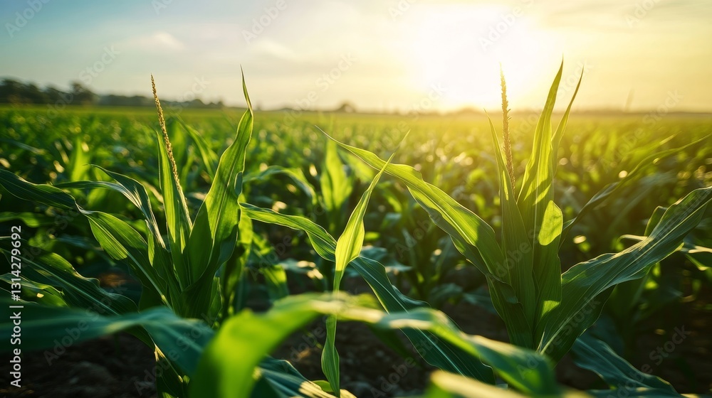 Fototapeta premium Golden Cornfield at Sunset: A Breathtaking Landscape of Agriculture and Nature's Beauty. Rural Scene of Green Corn Plants Under a Sunny Sky