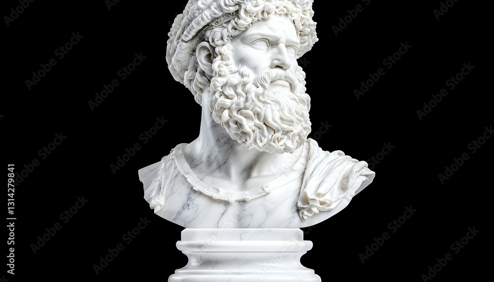 Obraz premium Marble bust of a man with beard and headdress on dark background