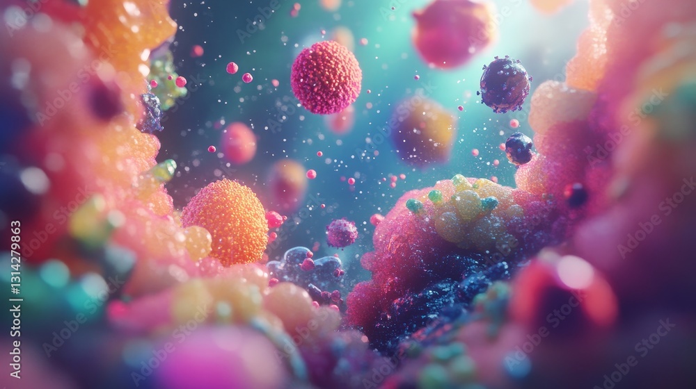 Naklejka premium Microscopic World: A Colorful Exploration of Cells and Viruses