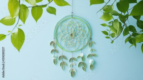 Paper Quilling Dream Catcher. Green Dreamcatcher with Mandala Design Hanging Against Teal Background photo