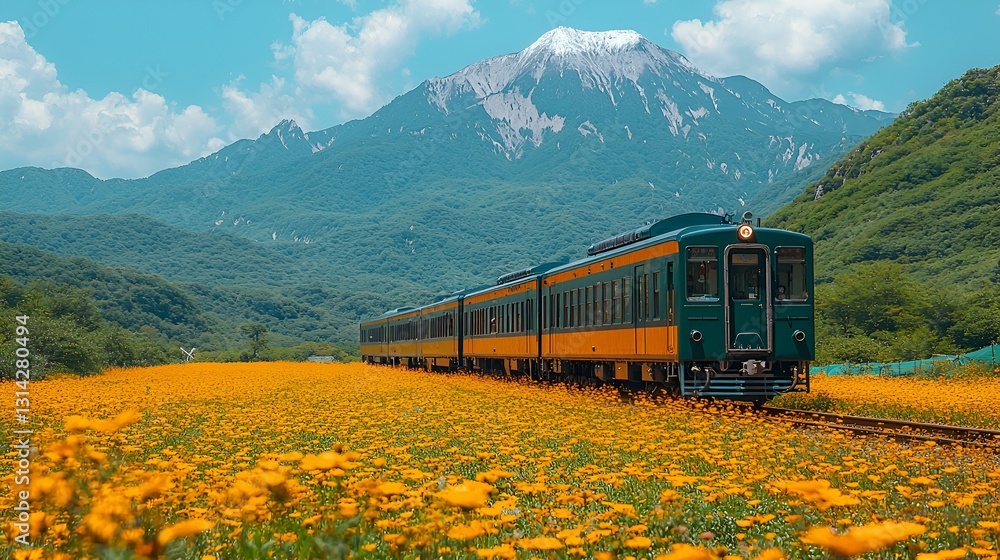 Train through a field of flowers, mountains backdrop Train through a field of flowers, mountains backdrop