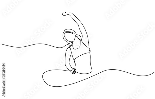 Continuous line art or One Line Drawing of a woman stretching arms is relaxing, One Line Drawing of a woman stretching arms is relaxing picture vector illustration.