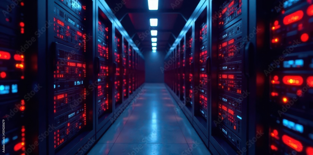 Fototapeta premium Rows of humming servers display dynamic data processing graphics , program, big data, cables