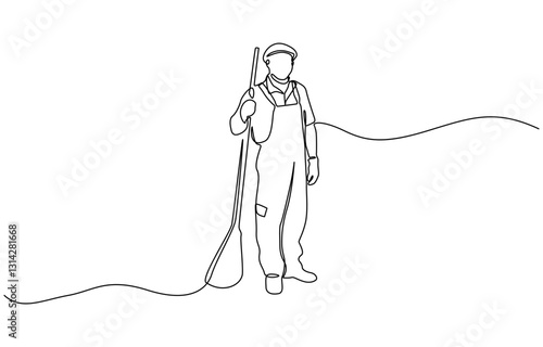 Single one line drawing man mopping floor in uniform. Male cleaner janitor cleaning the office, Continuous line drawing janitor mopping floor, cleaning service concept.