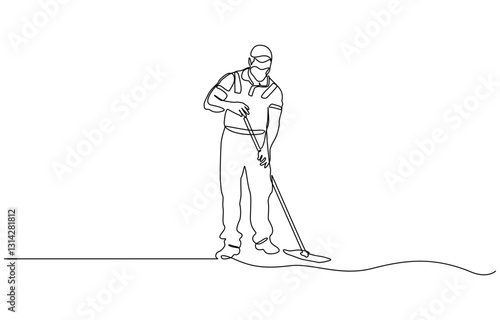Single one line drawing man mopping floor in uniform. Male cleaner janitor cleaning the office, Continuous line drawing janitor mopping floor, cleaning service concept.