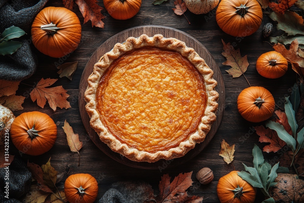 Homemade Pumpkin Pie with Golden Crust Surrounded by Decorative Pumpkins and Autumn Leaves for Thanksgiving Homemade Pumpkin Pie with Golden Crust Surrounded by Decorative Pumpkins and Autumn Leaves for Thanksgiving