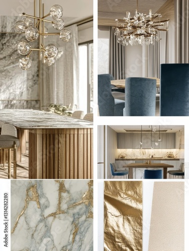 Elegant modern interior design featuring luxurious marble surfaces, stylish lighting fixtures, and contemporary furniture in a sophisticated dining space, home decor concept, moodboard