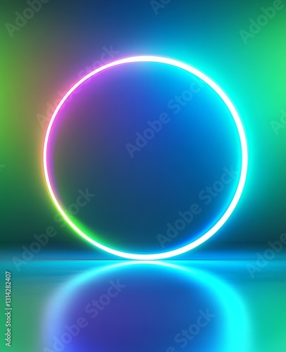 Vibrant neon circle glowing against a colorful background with reflections on the surface creating a modern artistic atmosphere, abstract design concept