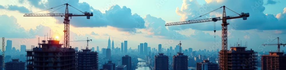 Fototapeta premium Urban construction site, cranes & scaffolding, frame, future