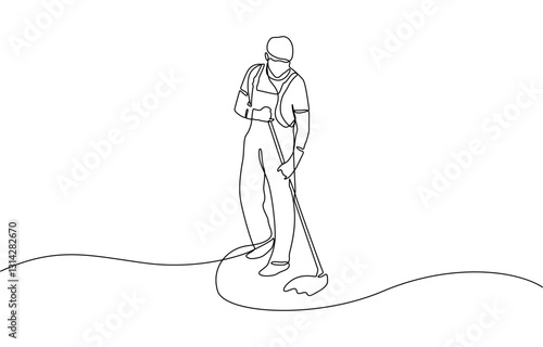 Single one line drawing man mopping floor in uniform. Male cleaner janitor cleaning the office, Continuous line drawing janitor mopping floor, cleaning service concept.