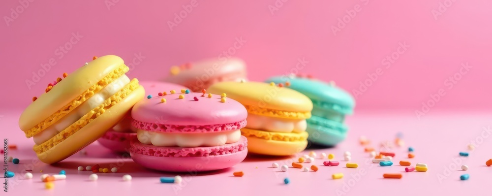 Fototapeta premium Vibrant macarons, pink backdrop, colorful sprinkles, pink, food styling