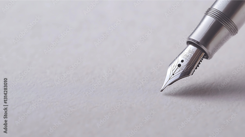 A close-up view of a fountain pen tip poised above a blank sheet of paper, highlighting the elegance of writing tools and the art of penmanship.