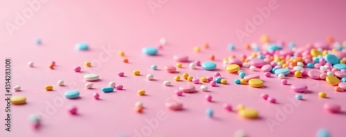 Vibrant sprinkles scattered on pastel pink, close-up , background, decoration, sugar art