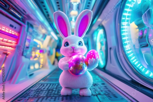 High-tech Easter bunny in a futuristic setting, celebrating a Happy Easter.