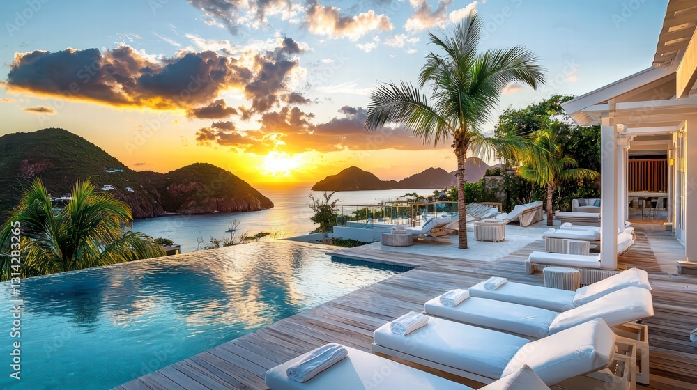 Fototapeta premium Luxury Resort at Sunset: A stunning shot of a luxurious resort, featuring a pristine pool, lounge chairs, and a breathtaking view of the ocean at sunset, evoking a sense of peace and tranquility.