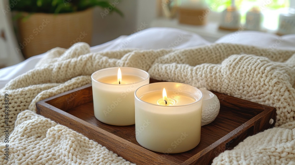 Cozy ambiance featuring candles and a knitted blanket for relaxation Cozy ambiance featuring candles and a knitted blanket for relaxation