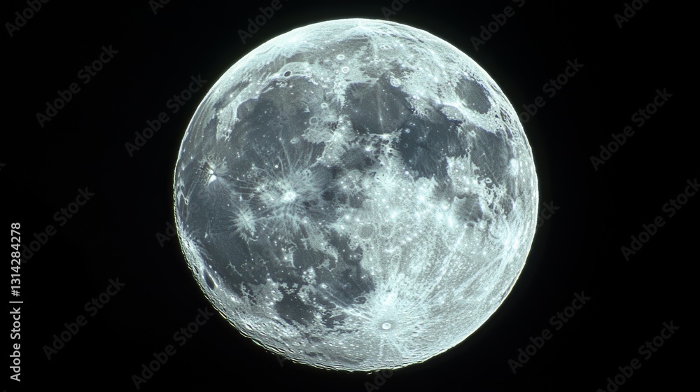 Obraz premium Detailed image of a full moon against a black sky, showcasing its craters and surface in stunning clarity and luminous white.