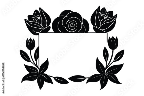 Vintage floral frame with roses in black and white