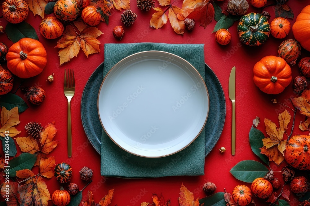 Autumn table setting with white plate gold cutlery pumpkins and leaves on red background for Thanksgiving and fall celebration Autumn table setting with white plate gold cutlery pumpkins and leaves on red background for Thanksgiving and fall celebration
