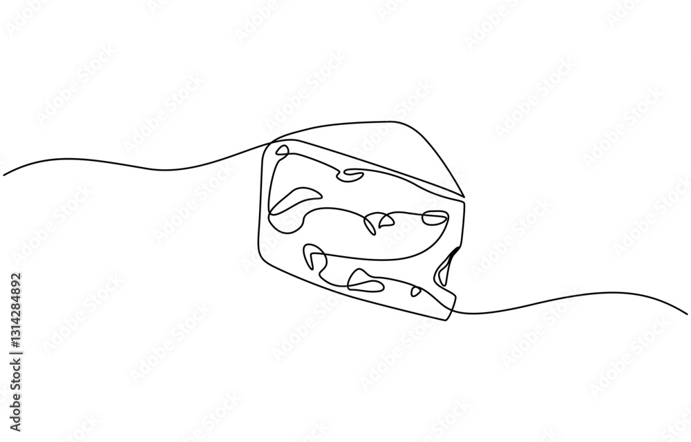 Fototapeta premium Сheese in continuous line art drawing style. Wheel of cheese with holes and a piece cut from it, Minimalist black linear sketch isolated on white background.