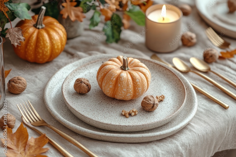 Autumn table setting with pumpkins candle golden cutlery beige napkin leaves and walnuts for fall Thanksgiving seasonal decor Autumn table setting with pumpkins candle golden cutlery beige napkin leaves and walnuts for fall Thanksgiving seasonal decor