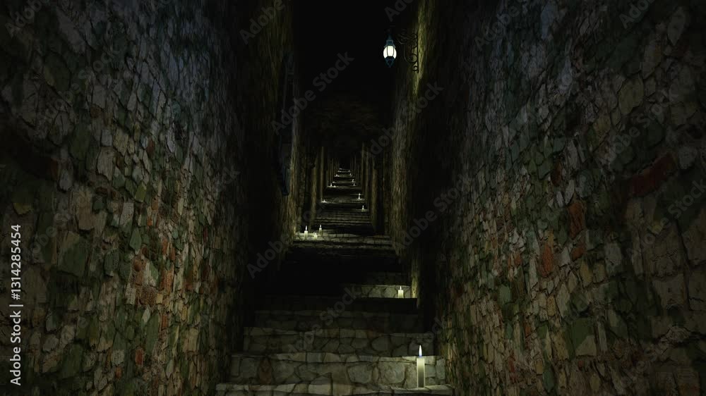 Medieval staircase going up animation. stone tower with lamps and candles at night. 3d rendering. Seamless loop Medieval staircase going up animation. stone tower with lamps and candles at night. 3d rendering. Seamless loop