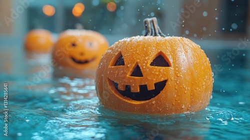 Halloween pumpkins floating in the water, celebration of the scariest party
