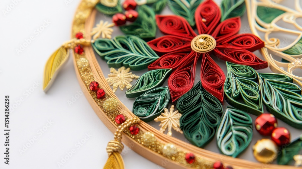 Fototapeta premium Paper Quilling Dream Catcher. Intricate Quilling Christmas Ornament with Red Poinsettia