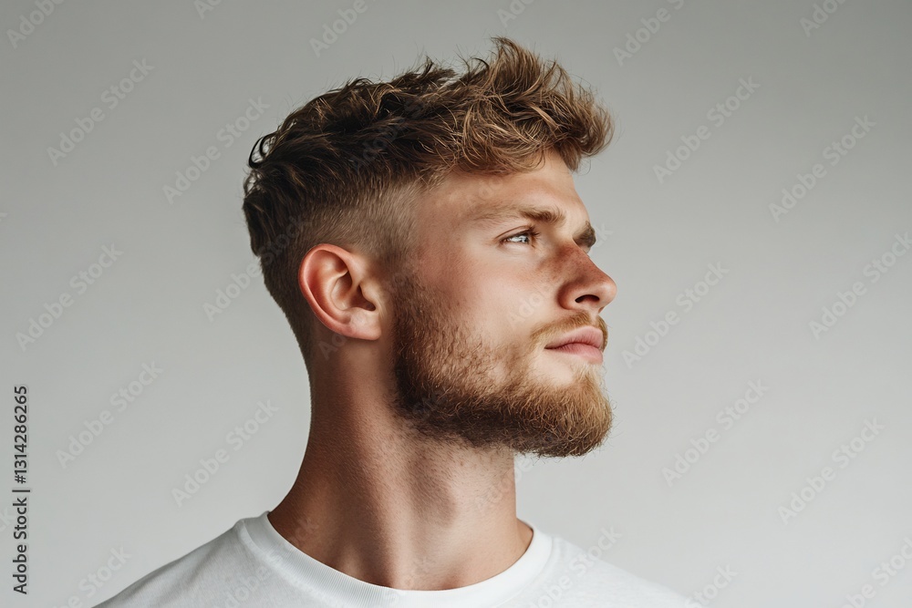 Fototapeta premium men's grooming ad with stylish model and sharp haircut
