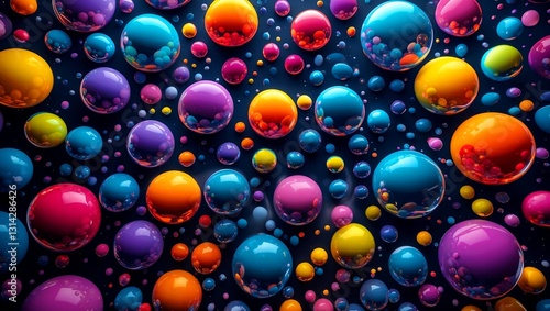 Colorful spherical bubbles floating in dark space