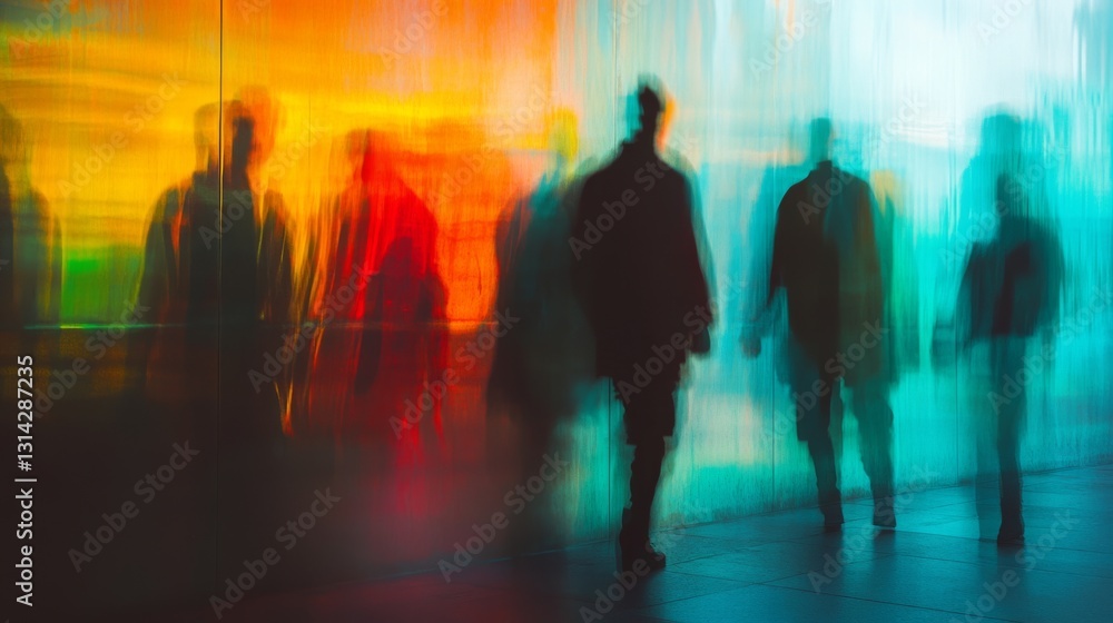 An artistic blur of people moving past a wall of vibrant colors, expressing motion and life in a modern cityscape. An artistic blur of people moving past a wall of vibrant colors, expressing motion and life in a modern cityscape.