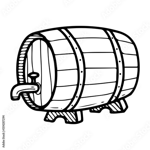 Wooden beer barrel. Hand drawn doodle. Alcoholic malt drink. Foamy beverage. Brewery. Vector line art illustration.