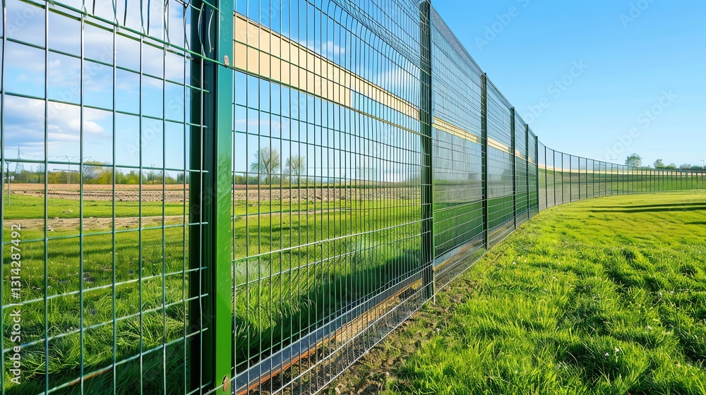 Green Metal Fence Surrounding a Field Under a Blue Sky Day Green Metal Fence Surrounding a Field Under a Blue Sky Day