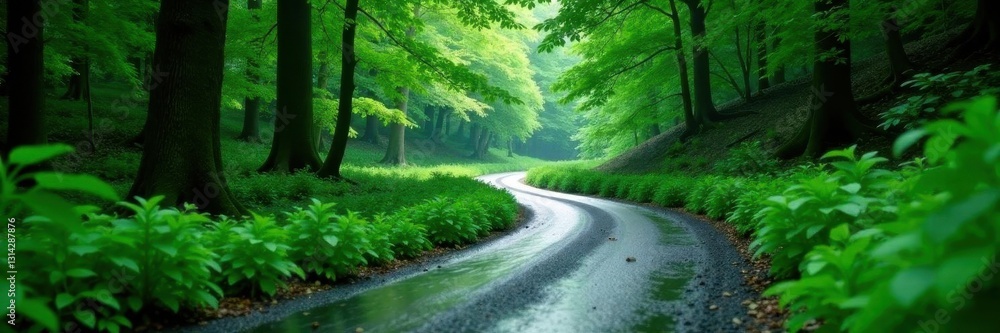 Fototapeta premium Emerald green, slick road winding deeply into woods , forest, damp, grassy