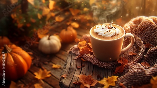 Fototapeta Naklejka Na Ścianę i Meble -  Steaming pumpkin spice latte with whipped cream, surrounded by autumn leaves and pumpkins on rustic wooden surface.