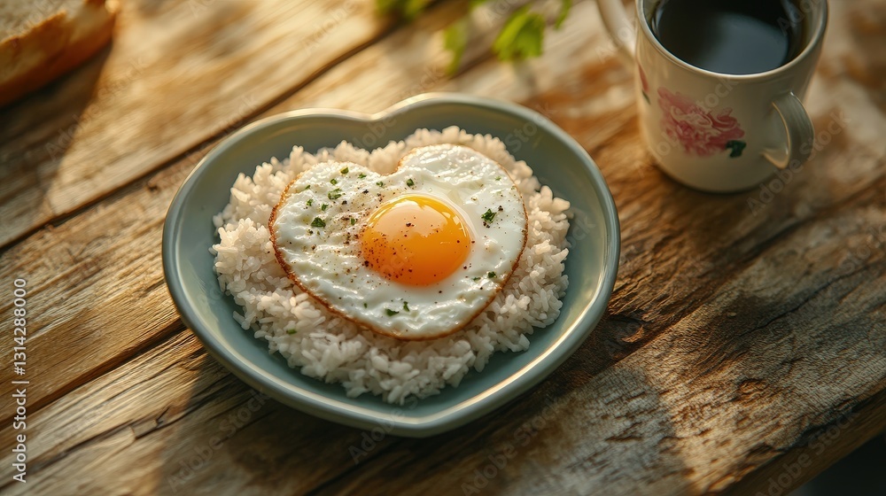 A heart-shaped plate of egg on rice and a coffee cup placed beside it represent the gifts of life and the joy found in nourishing the body and soul. A heart-shaped plate of egg on rice and a coffee cup placed beside it represent the gifts of life and the joy found in nourishing the body and soul.
