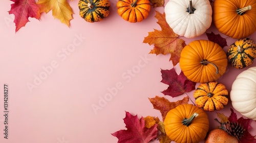 Autumn Flat Lay Pumpkins and Maple Leaves on Pink, Fall , Thanksgiving