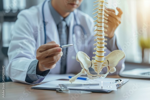 Doctor with human Spine anatomy model Spinal Cord Disorder anchiropractic Office Syndrome and health and explaining the spine to a patient