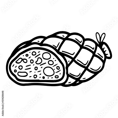 Meatloaf. Hand drawn doodle. Pork ham. Baked meat food made of beef, chicken. Vector line art illustration.