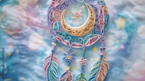 Paper Quilling Dream Catcher. Pastel Dreamcatcher with Moon and Stars Paper Quilling Art photo