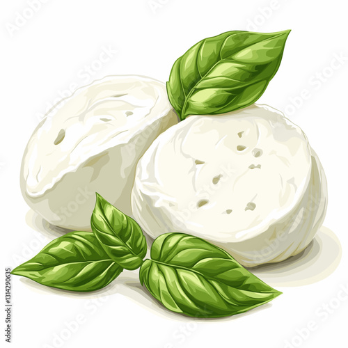Round ball of Italian mozzarella cheese vector illustration isolated on white background. Realistic drawing of Italia mozarella cheeses decorated with basil leaves