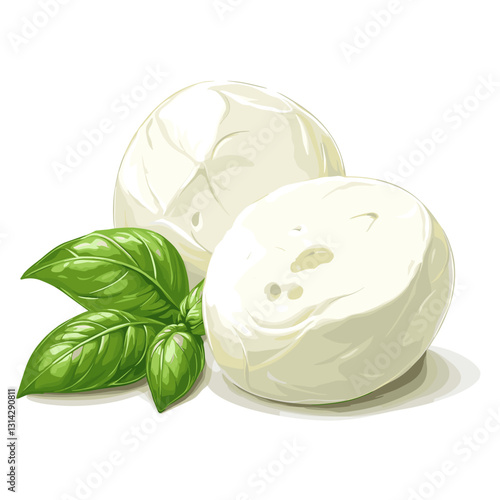 Round ball of Italian mozzarella cheese vector illustration isolated on white background. Realistic drawing of Italia mozarella cheeses decorated with basil leaves