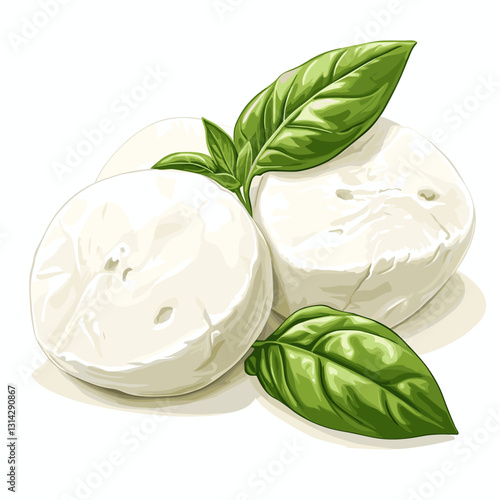 Round ball of Italian mozzarella cheese vector illustration isolated on white background. Realistic drawing of Italia mozarella cheeses decorated with basil leaves