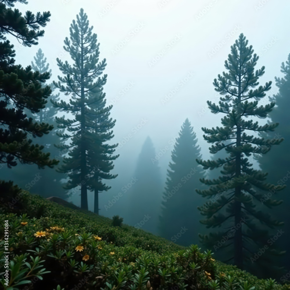 Fototapeta premium Misty pine forest panorama, ancient trees shrouded in fog, sunlight, needles